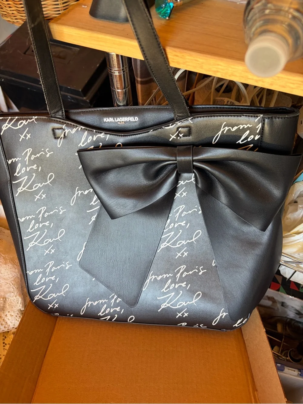 Karl Lagerfeld Brown Houndstooth Tote with Script Detail